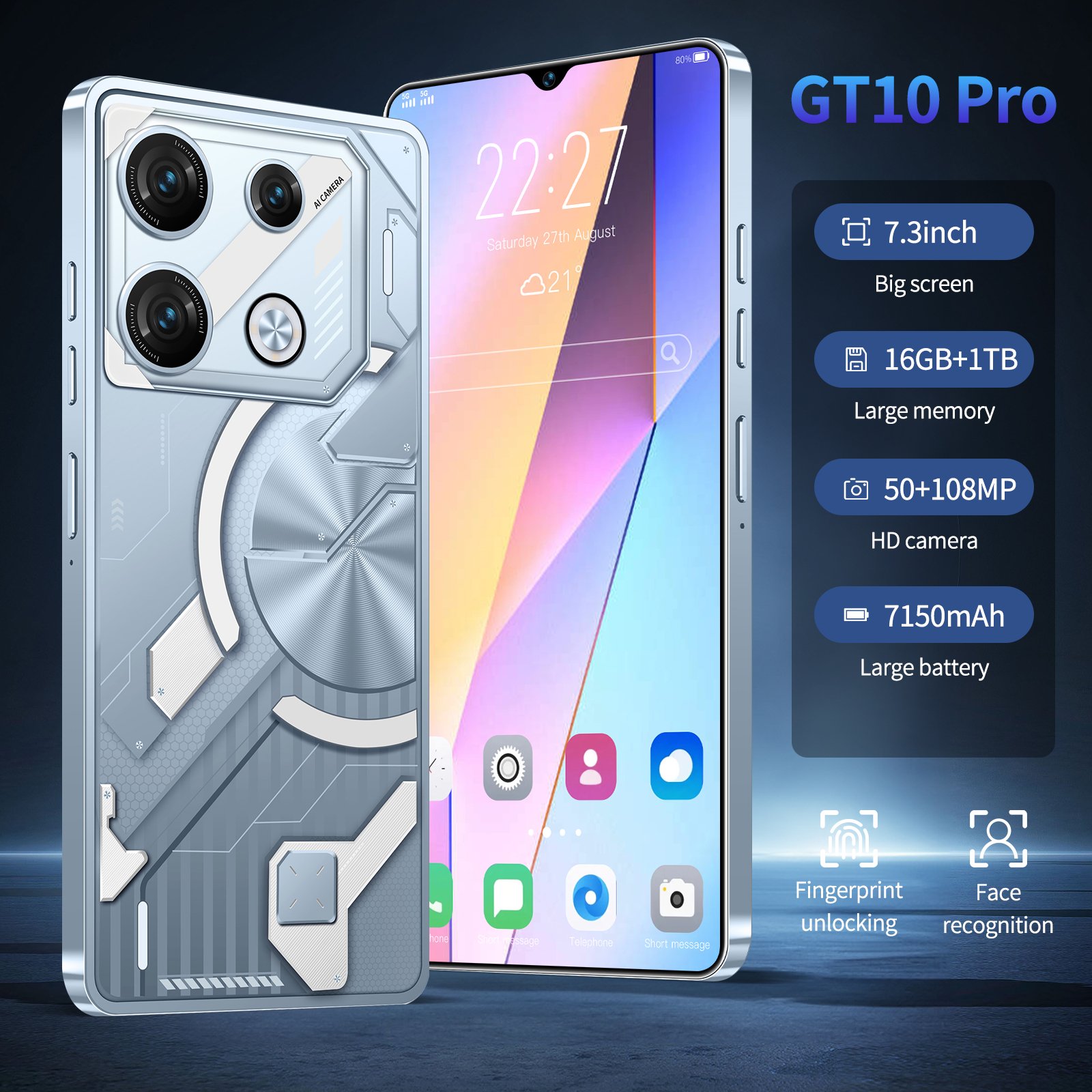 GT10 Pro 10 Core OEM Smartphone 7.3 inch Cheap Big Screen Phone with 1TB 64MP HIFI Camera Mobile Phone