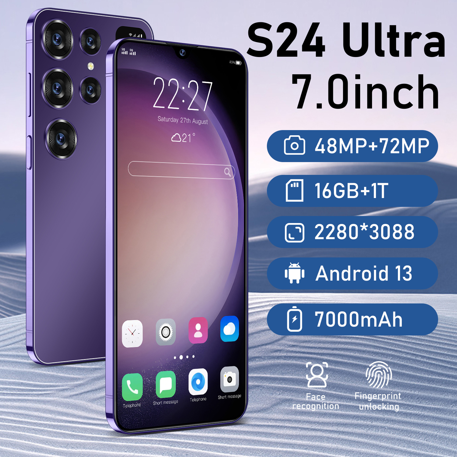 Original S26 Ultra SmartPhone 5G 7.0HD Screen 16G+1T 7000Mah 48MP+72MP Android13 Dual Sim Face Unlock LTE/CDMA Cellular