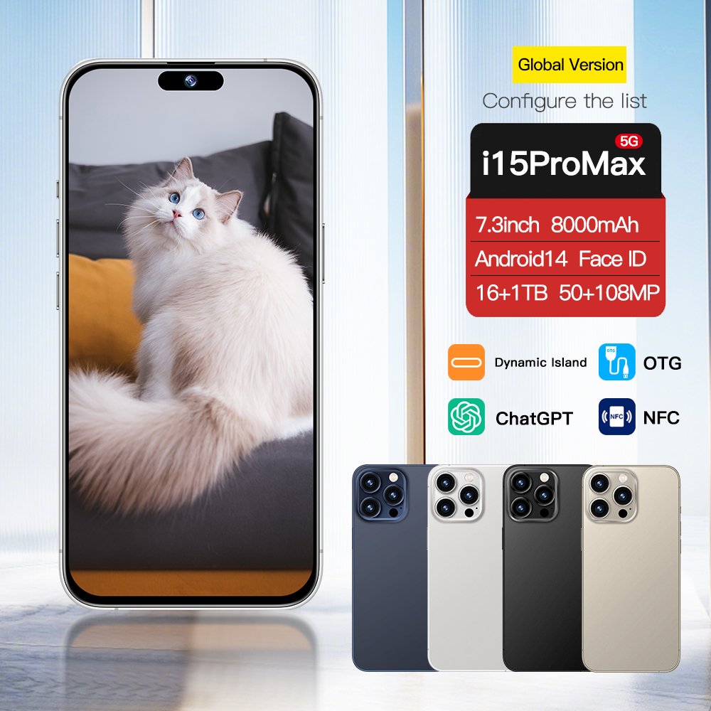 2024 Phone 15 pro max 6.7 inch Original Full Screen WIFI BT FM GPS I15 Smartphone 12GB+512GB Android 4G 5G Mobile phone