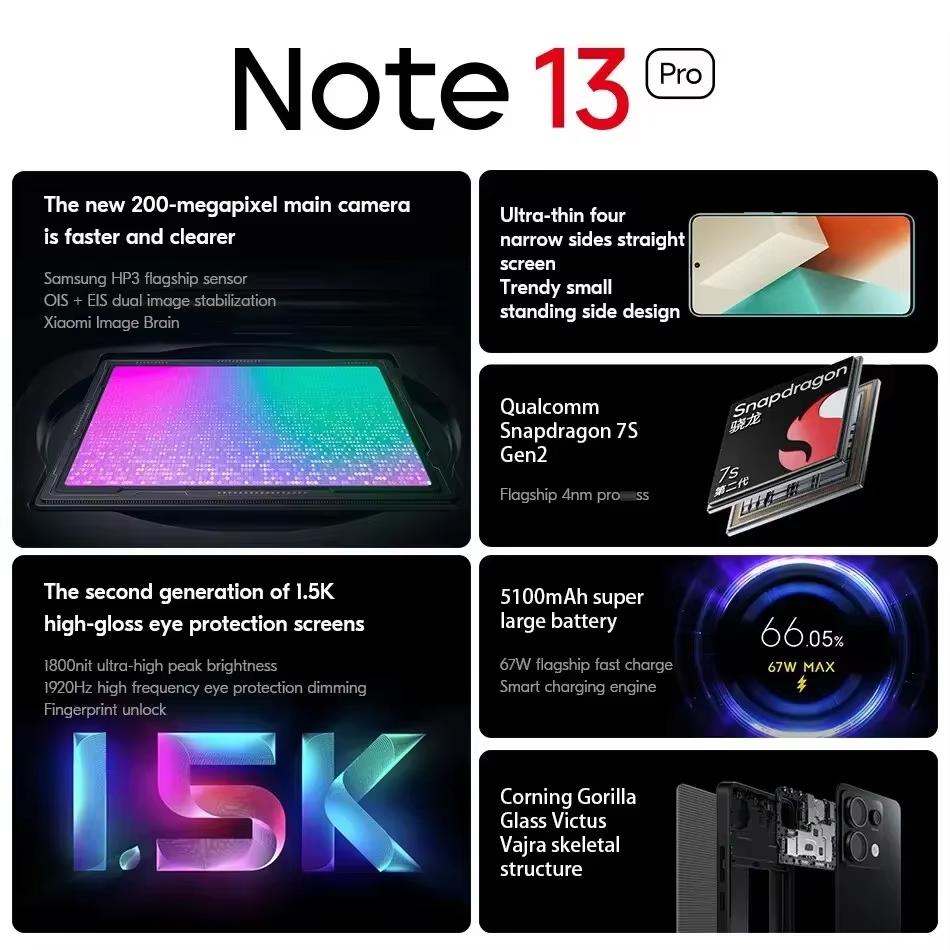 Global ROM Xiaomi Redmi Note 13 Pro 5G Smartphone 6.67" 1.5K Display Snapdragon 7S Gen 2 Smartphone 200MP OIS Camera 5100mAh 67W