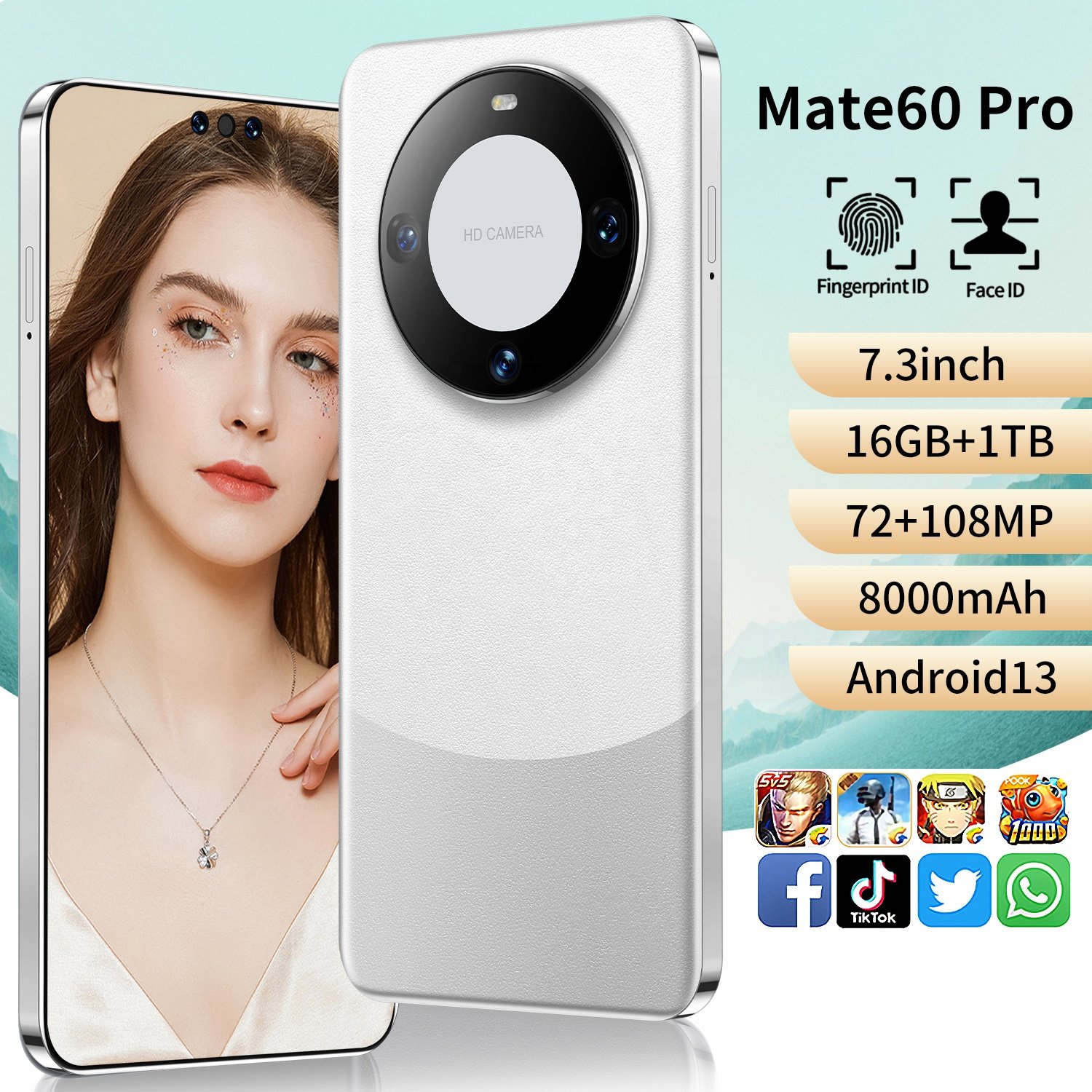 2024 Brand new Mate 60 pro 7.3inch HD large screen Android 13 mobile phones 16TB+1TB Deca Core 5G Smartphone