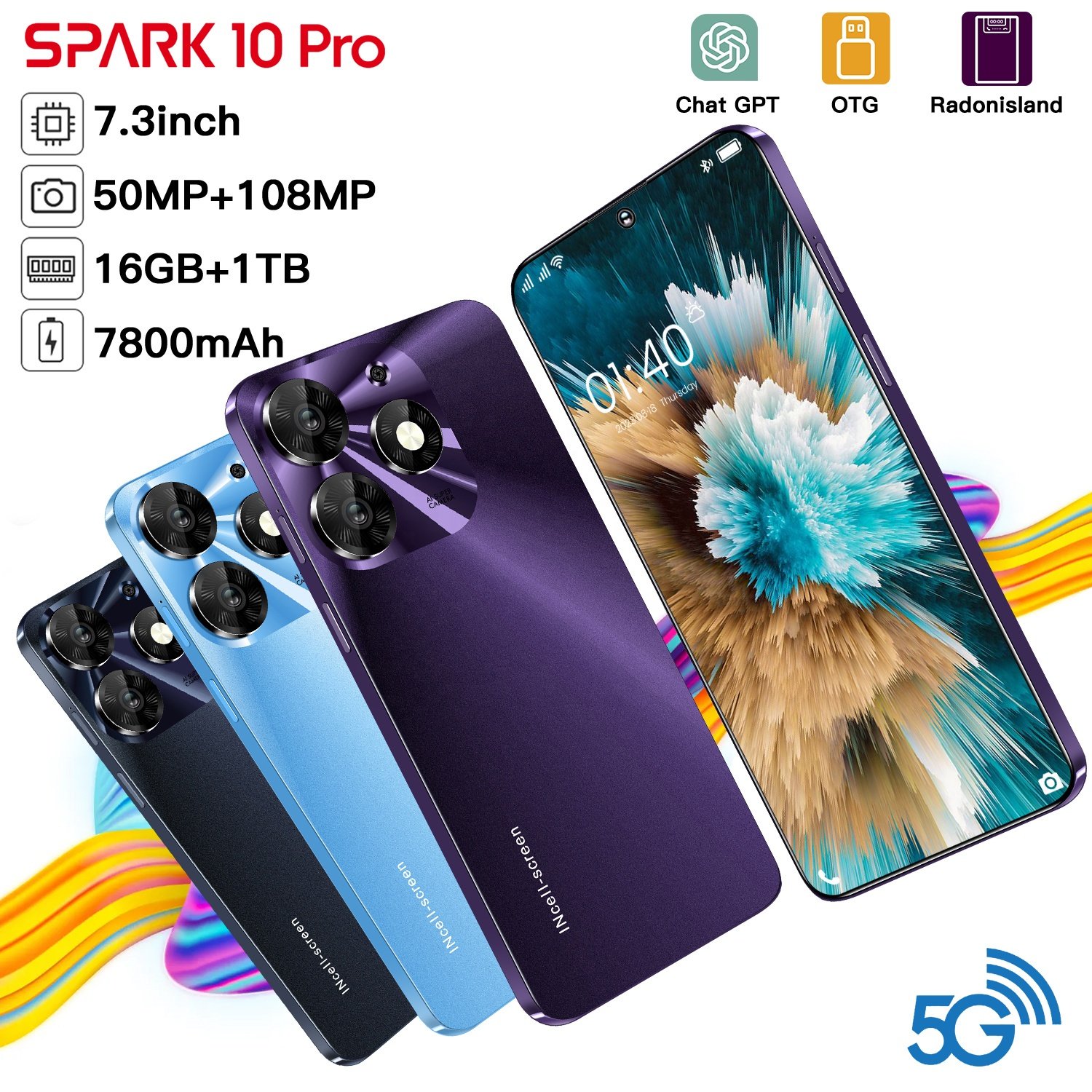 Good quality tecno phones 10-core 7.3-inch HD+ smart phone 5g Android13 16GB+1TB Original Phone Spark 10 pro mobile free offer