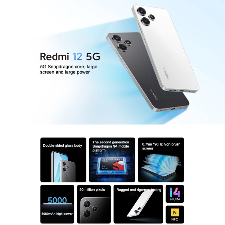 CN NFC OTA For Xiaomi Redmi 12 5G Smartphone 8GB+256GB 6.79 Inch MIUI 14 Qualcomm Snapdragon 4 Gen2 Octa Core Mobile Phone