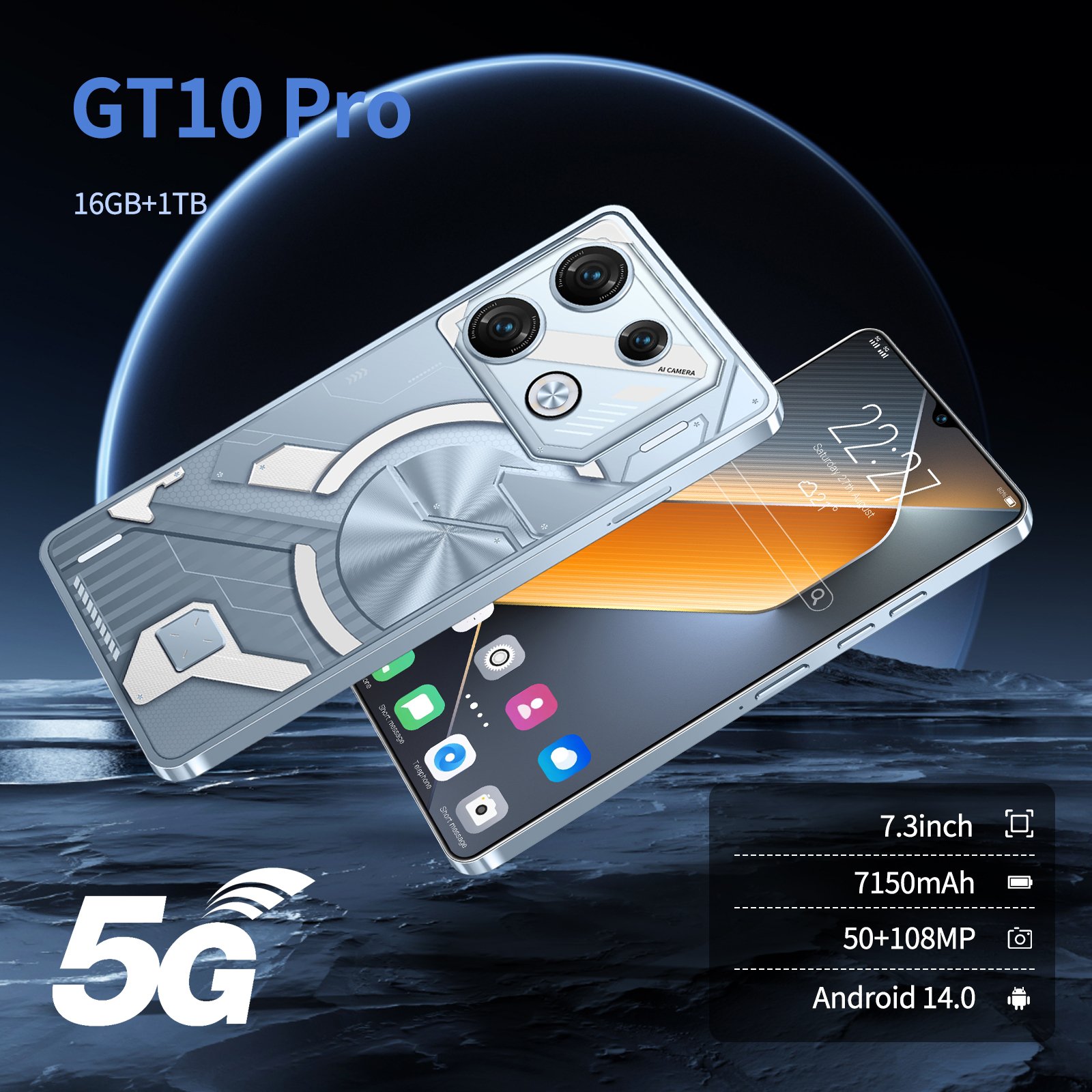 Global Version GT10 Pro 7.3 Full Display Android 5G-Smartphone with 16GB RAM 1TB Storage GT10 Pro cellphones smart phone