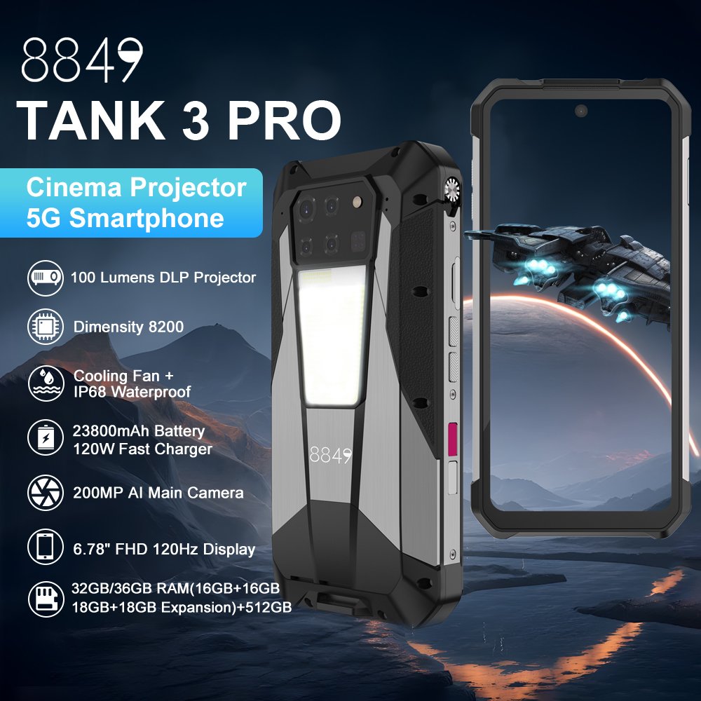 8849 Tank 3 Pro 120Hz Smartphone 36GB+512GB 5G Mobile 200MP Ai Main Camera Lumens Projector 23800mAh Battery 120W Night Led 64MP