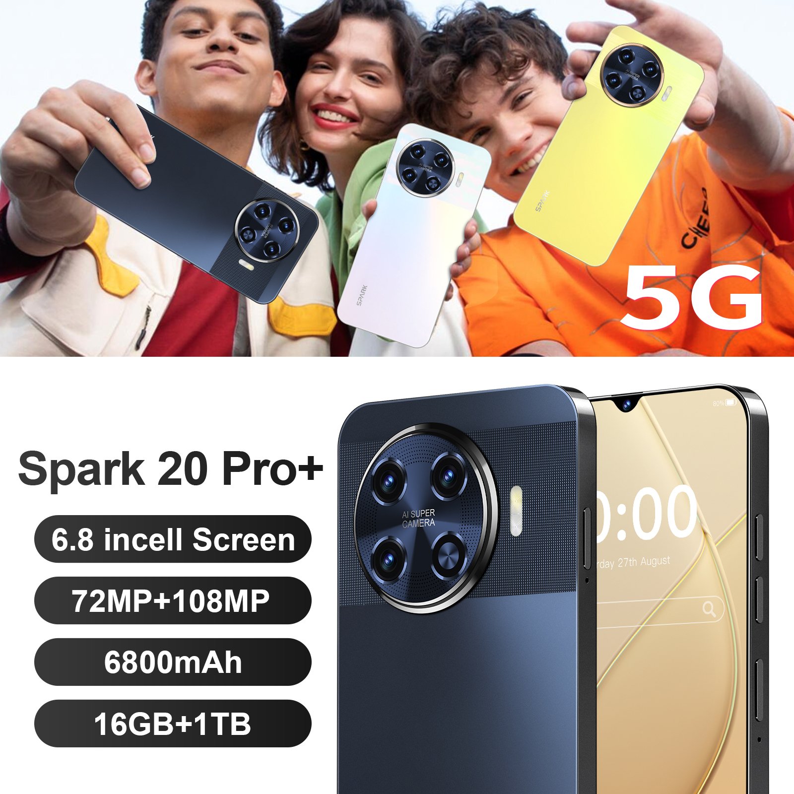 HX new 5G original unlocked smartphone Spark 20 Pro+16+512GB popular African phone Tecno 5G phone