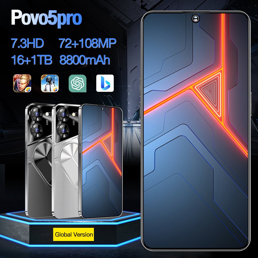 Original 5G Smartphone Povo5 Pro Brand New Gaming Mobile Phone Smart Phone i15 16G 1T Cheap Telephone Telefon Inteligente