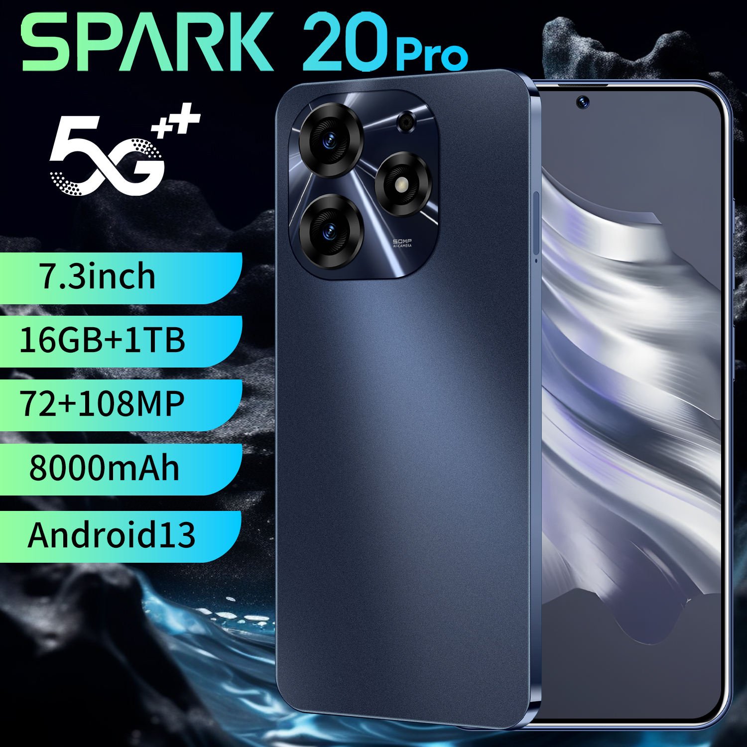 Good selling 7.3Inch 7800mah Mobile Phone Spark 20 Pro 16g+1TB 5G Original cellphones Dual Sim Card Beauty tecno smartphone