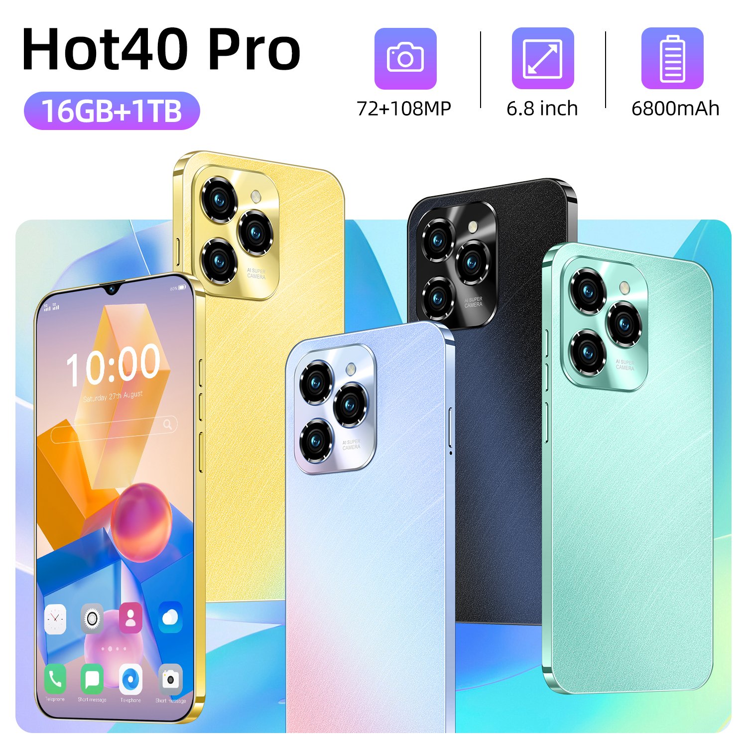 Hot selling Hot40 Pro Android 6.8-inch incell screen Mobile Phone 16G+1TB true 4G Smart Phone global version 5g Smartphone