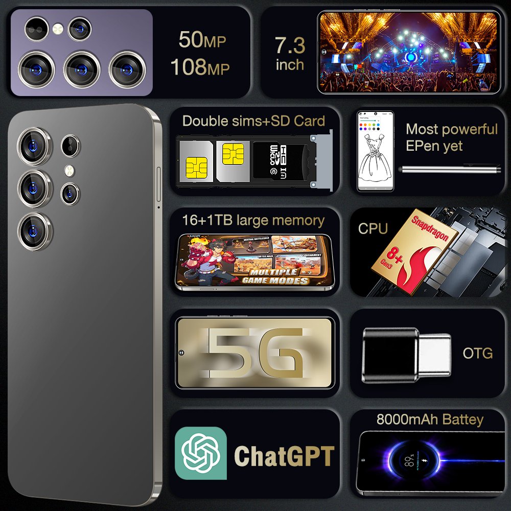 2024 New 5G Glxy S24 Ultra 16GB/1TB Unlocked 7.5 Inch OLED Display Mobile Phone 108MP 8000mAh 4K Smartphones GSM CDMA Networks