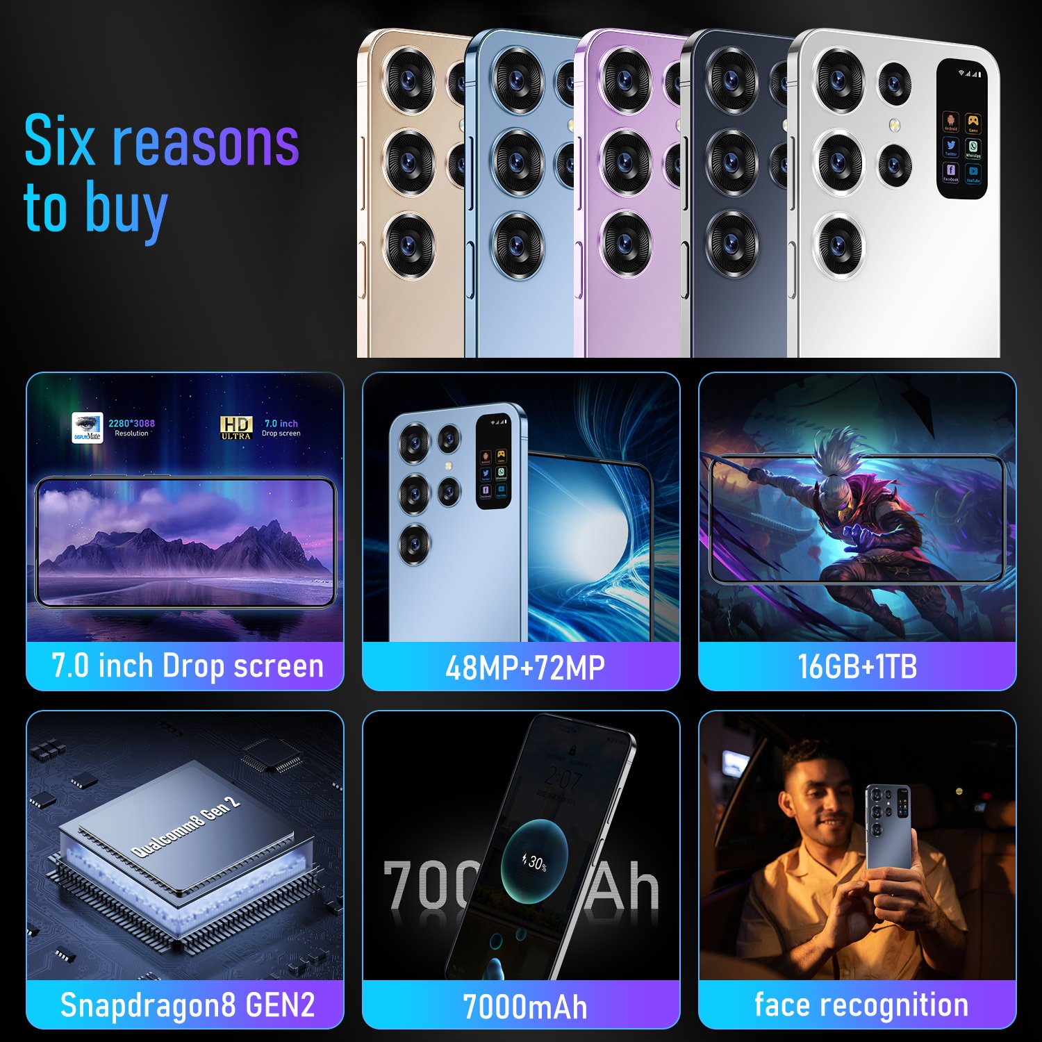 Wholesale S24 5G 7.0 Inch s24 ultra Mobile Phone 16GB+1TB Large Memory Big Screen Smart Phone Cheap Gaming Cellphone