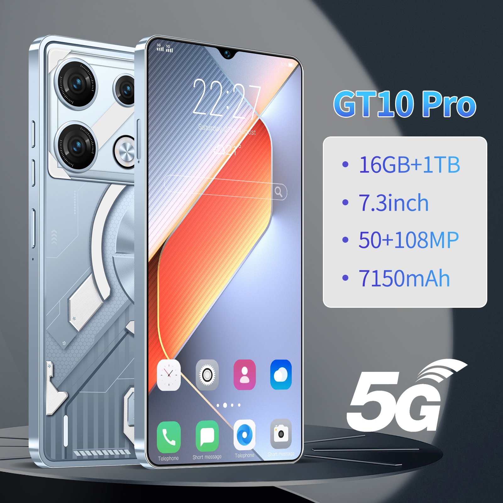Hot Selling New Gaming Mobile Phone GT10pro 7.3 Inch 5G Smartphone cheap 16GB+1TB povo Full Screen Android 13 smart phone