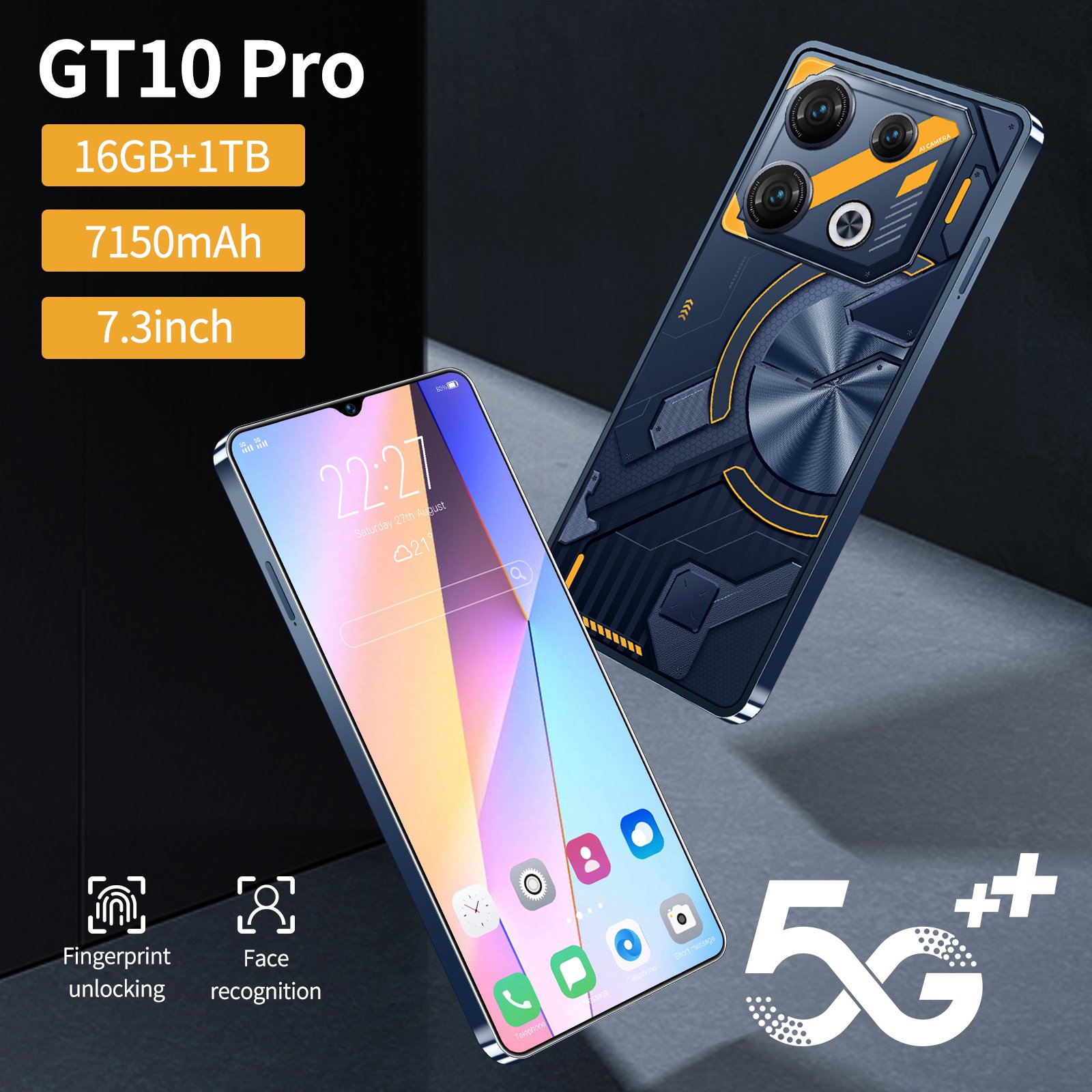 Hot Selling New Gaming Mobile Phone GT10pro 7.3 Inch 5G Smartphone cheap 16GB+1TB povo Full Screen Android 13 smart phone