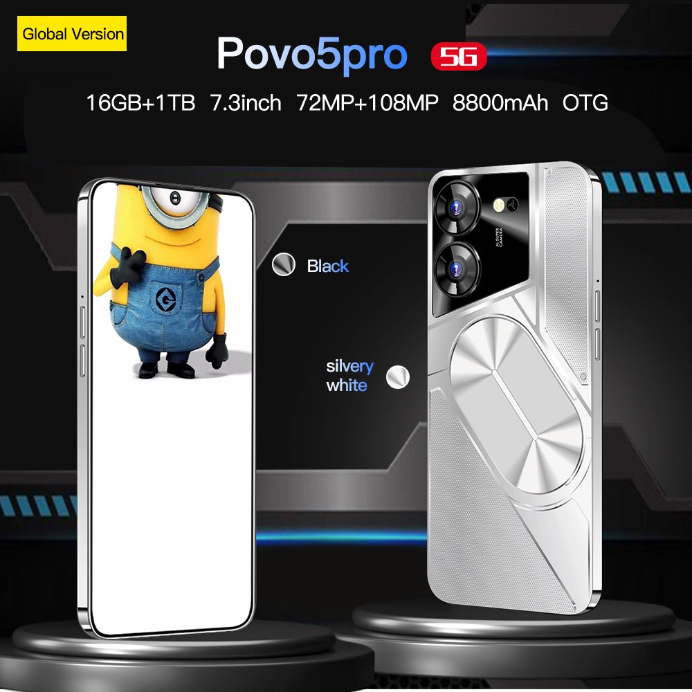 original 5G Smartphone 7.3inch 108mp Povo 5 Pro 16GB+1TB Android 13.0 Mobilephones Fashionable Color 4g 5g cellphone
