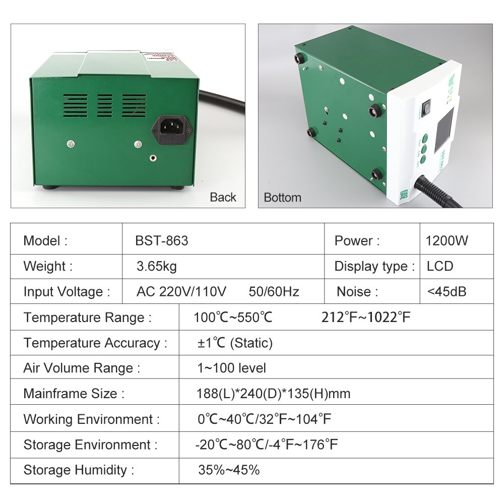 BST-863 1200W Digital Display Touch Constant Temperature Desoldering Hot Air Gun For Dismantling Apple Motherboard