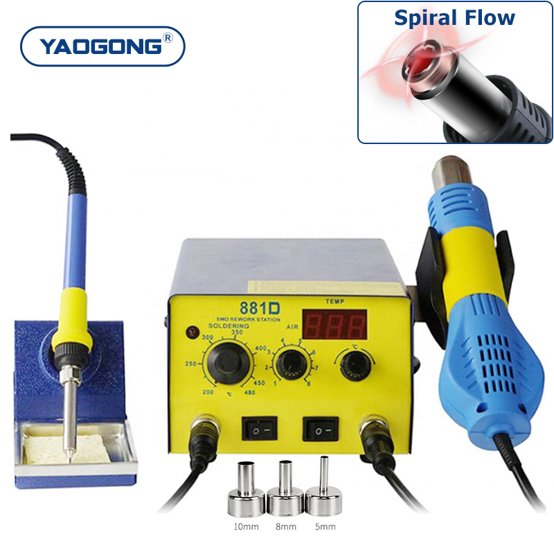 YAOGONG 881D Auto Sleep Thermostat Heat Blower 936 Solder Iron Mobile Phone Repair Tool SMD Rework Hot Air Gun Soldering Station