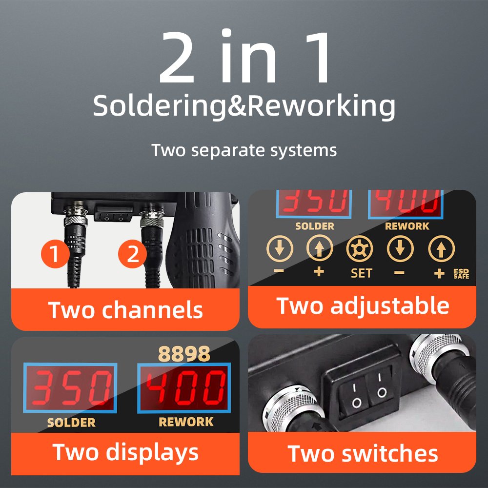 High Quality 2 In 1 Portable ESD Hot Air SMD Rework Soldering Station 60W Adjustable Temperature Digital Soldering Iron Station