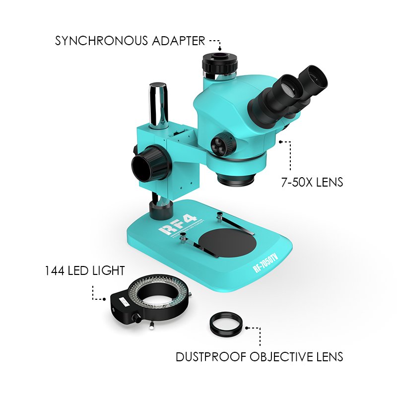 RF4 Trinocular Microscope 7-50X Zoom RF7050TV Industrial Microscope For Phone Motherboard Repair Jewelry Checking Microscope