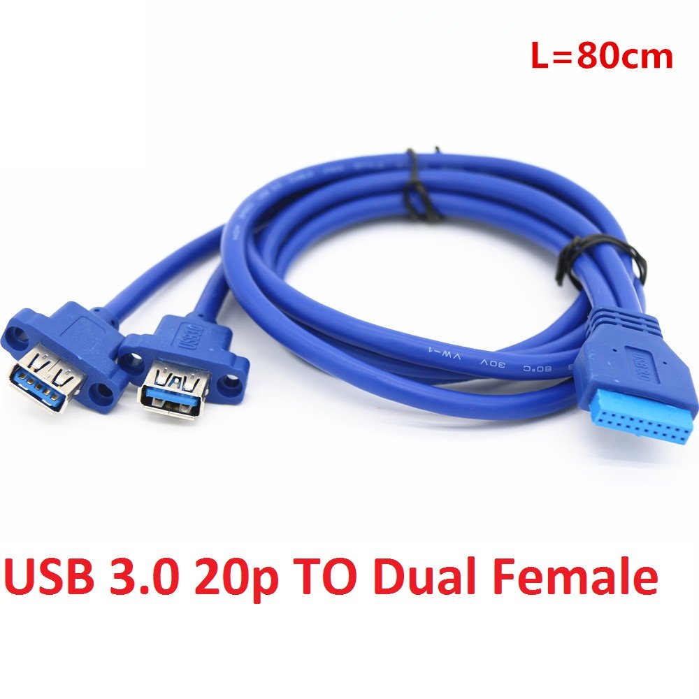 Dual two Port Type USB 3.0 Type A Female Screw Panel Mount to Motherboard 20 Pin cable