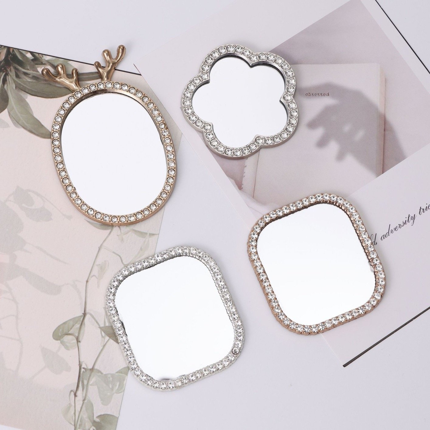 Factory portable mini fashion alloy diamond love mirror diy mobile phone decoration accessories