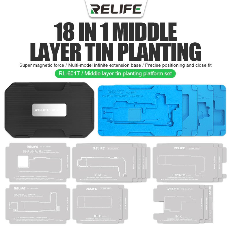 RL-601T 18 in 1 Motherboard Middle Layer Board Plant Tin Platform 3D BGA Reballing Stencil Kit for iPhone X 11 12 13 14 Pro Max