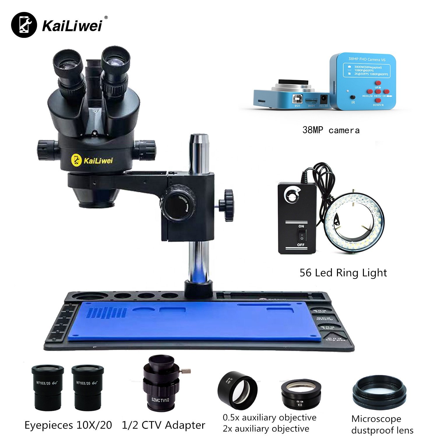kailiwei 38MP HDMI-compatible Trinocular Stereo 3.5-90X Synchronous zoom mobile phone repair Microscope