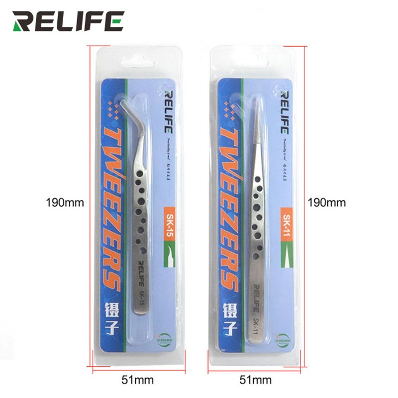 RELIFE SK-11 SK-15 Precision Industrial Tweezers Electronics Anti-static Curved Straight Tip Non-slip Forceps Phone Repair Tools