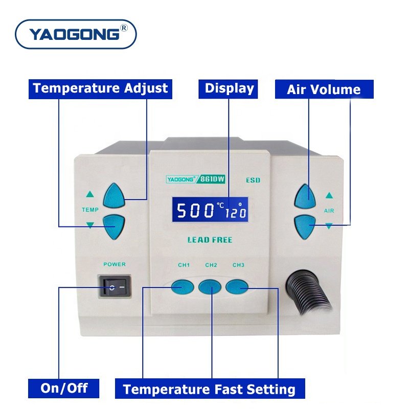 YAOGONG 861DW 1000W Motherboard Electronic Maintenance Hot Air Gun SMD Rework Mobile Phone Repair Heat Tools Desoldering Station