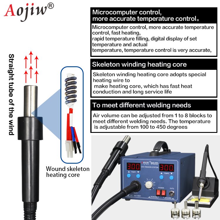 2 in 1 Soldering Hot Air SMD BGA Welding iron Rework Station Aojiw 952D 700W Digital Display mobile & notebook repair
