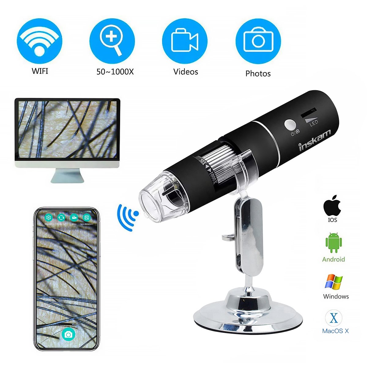 Inskam303 Handheld Wifi Usb Microscope Camera 2mp 1080p 50 To 1000x Wireless Mobile Phone Microscope For Pcb Inspection