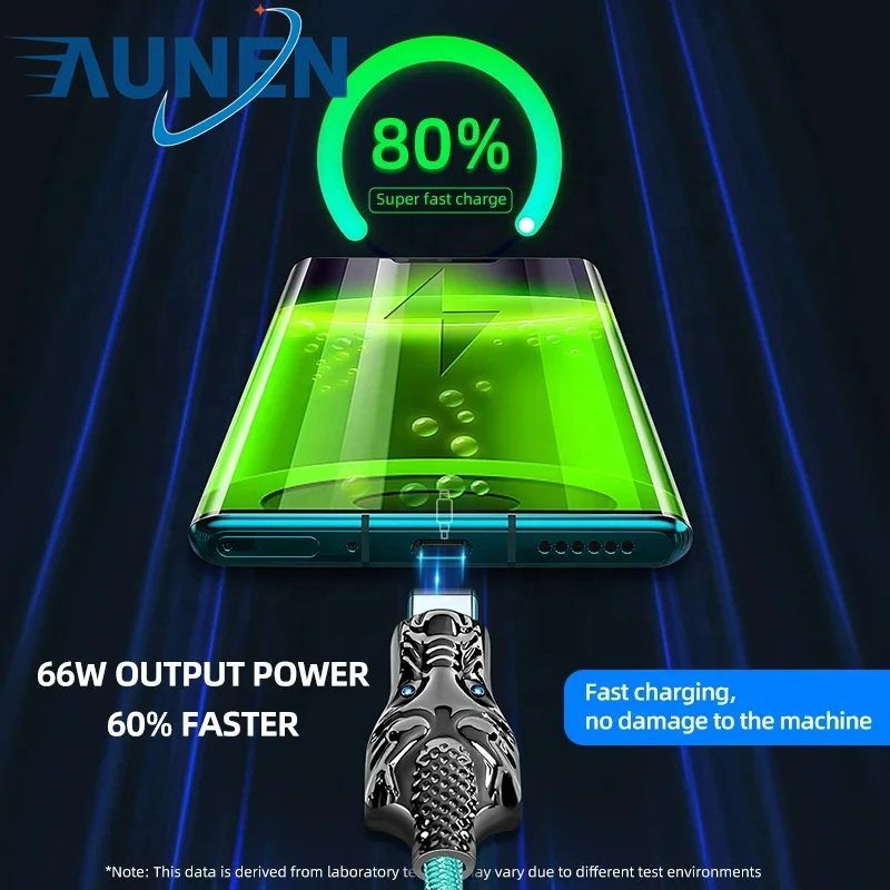 AUNEN 66W 5A Fast Charging Type C Cable RGB Glowing LED Light Mobile Phone Cable For Huawei Xiaomi Poco USB Charger Cord
