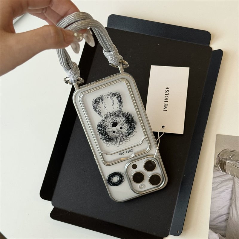 Cartoon curly dog card holder phone case for iPhone15promax/13mobile phone case14New12female11hand rope