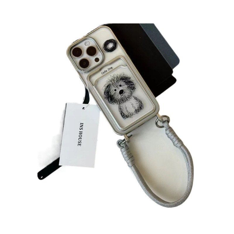 Cartoon curly dog card holder phone case for iPhone15promax/13mobile phone case14New12female11hand rope