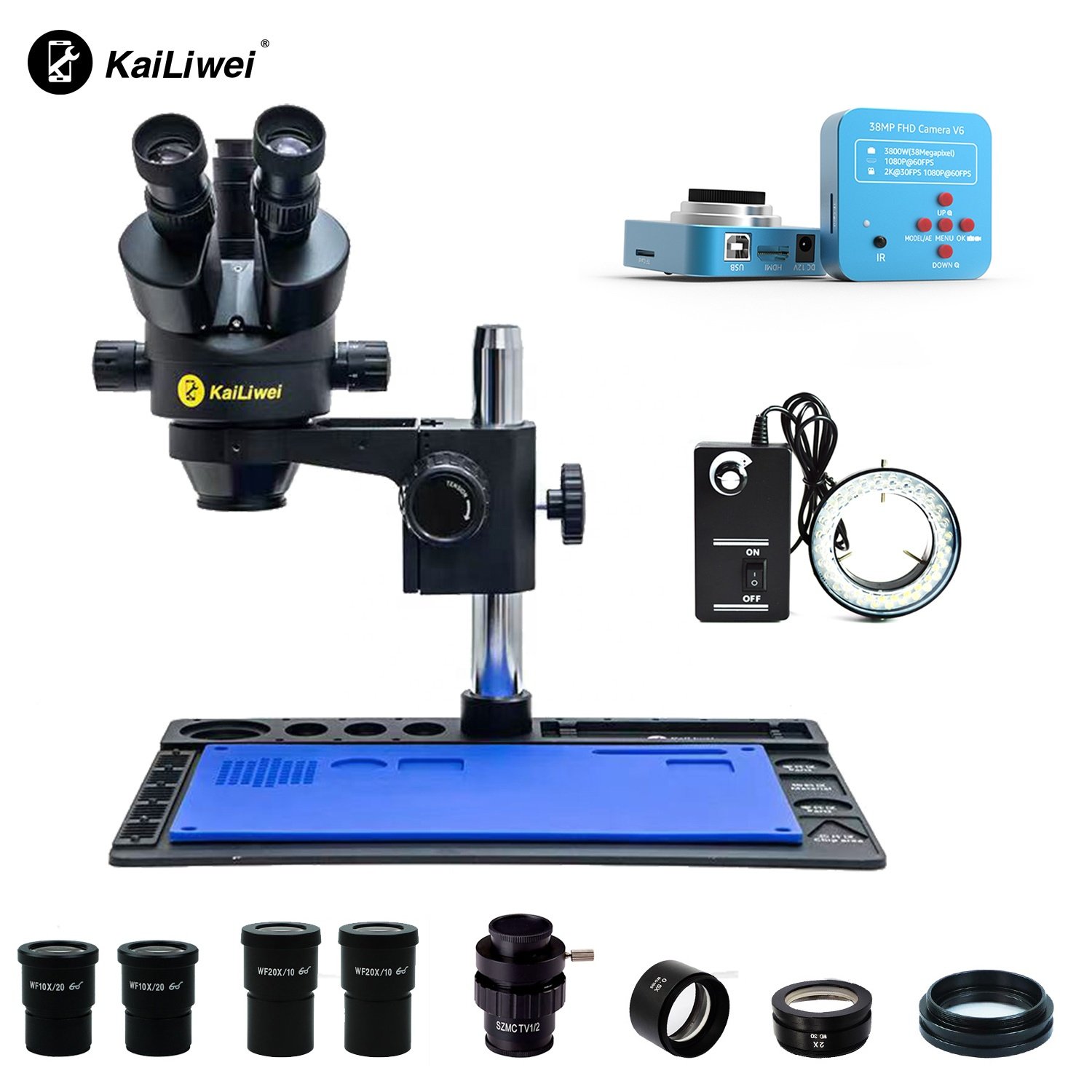 38MP 2K HDMI-compatible Microscope Camera Trinocular Stereo Microscope 3.5-180X Continuous Zoom 1/2 CTV Adapter Big Workbench