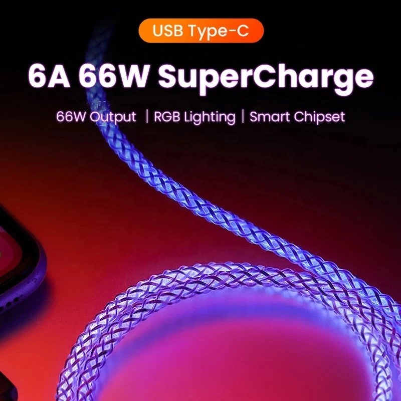 6A Fast Charging RGB Breathing Luminous Gradient Light Data Cable 66W TYPE-C Charger For iPhone 15 Pro Huawei Samsung Data Cable