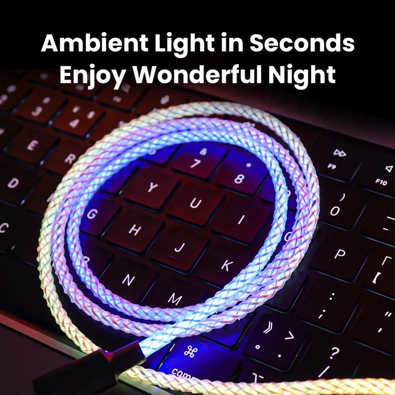 6A Fast Charging RGB Breathing Luminous Gradient Light Data Cable 66W TYPE-C Charger For iPhone 15 Pro Huawei Samsung Data Cable