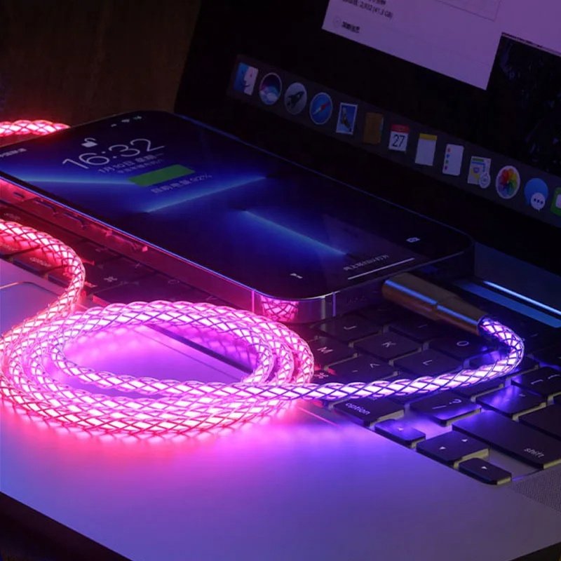 6A Fast Charging RGB Breathing Luminous Gradient Light Data Cable 66W TYPE-C Charger For iPhone 15 Pro Huawei Samsung Data Cable