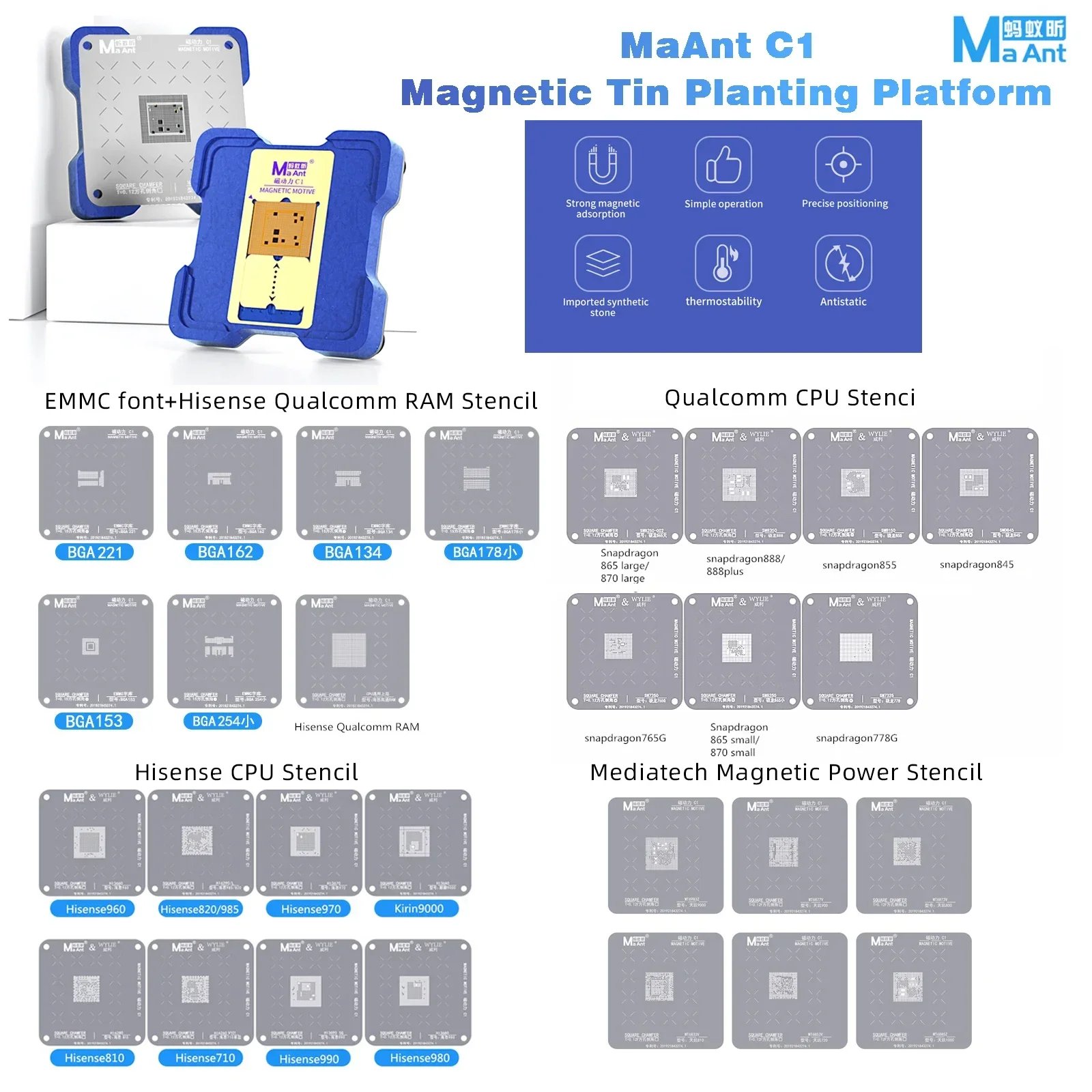 MaAnt C1 Magnetic CPU BGA Reballing Stencil Kit Platform For iPhone A8-A17 Hisilicon Qualcomm MTK EMMC Android Steel Mesh Repair