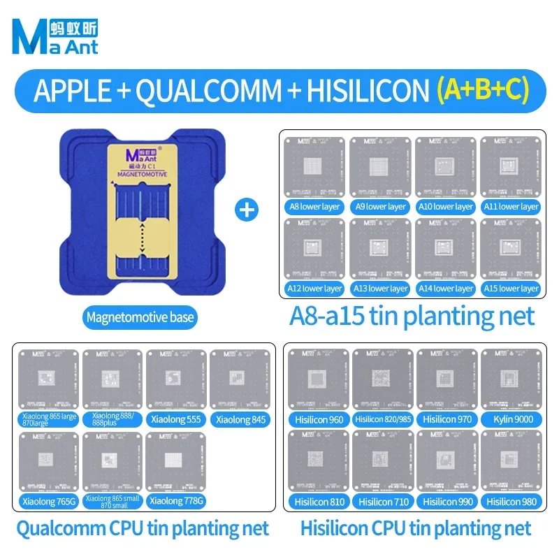 MaAnt C1 Magnetic CPU BGA Reballing Stencil Kit Platform For iPhone A8-A17 Hisilicon Qualcomm MTK EMMC Android Steel Mesh Repair