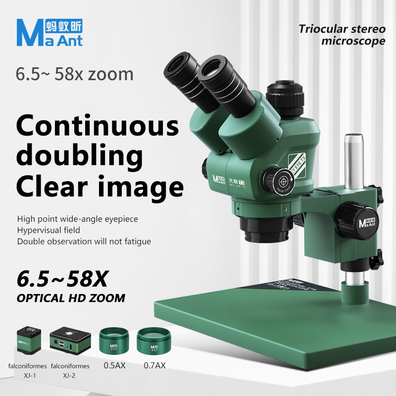MaAntTrinocular Stereo Microscope with 6.5-58X Zoom Lens Stereo Magnification LED Light Motherboard PCB Welding Microscope
