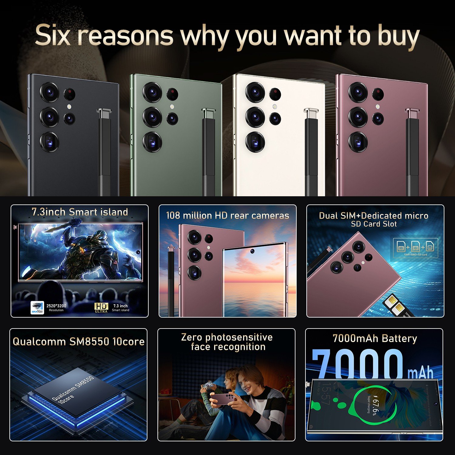 Brand New S24 Ultra Unlock 7.2 inch FH Mobile Phones 16GB+1TB 3 Rear Camera gaming Phone with 6800mah Smartphone
