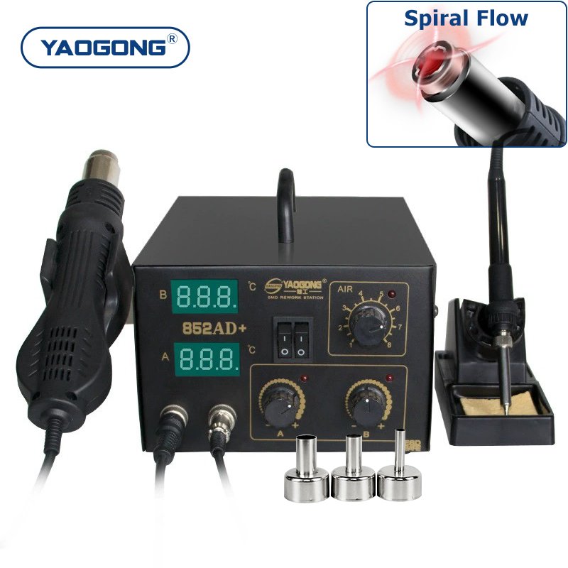 YAOGONG 852AD+ 2 in 1 Digital Adjustable Thermostat Phone Motherboard PCB Mobile Repair Tool Hot Air Heat Gun Soldering Station