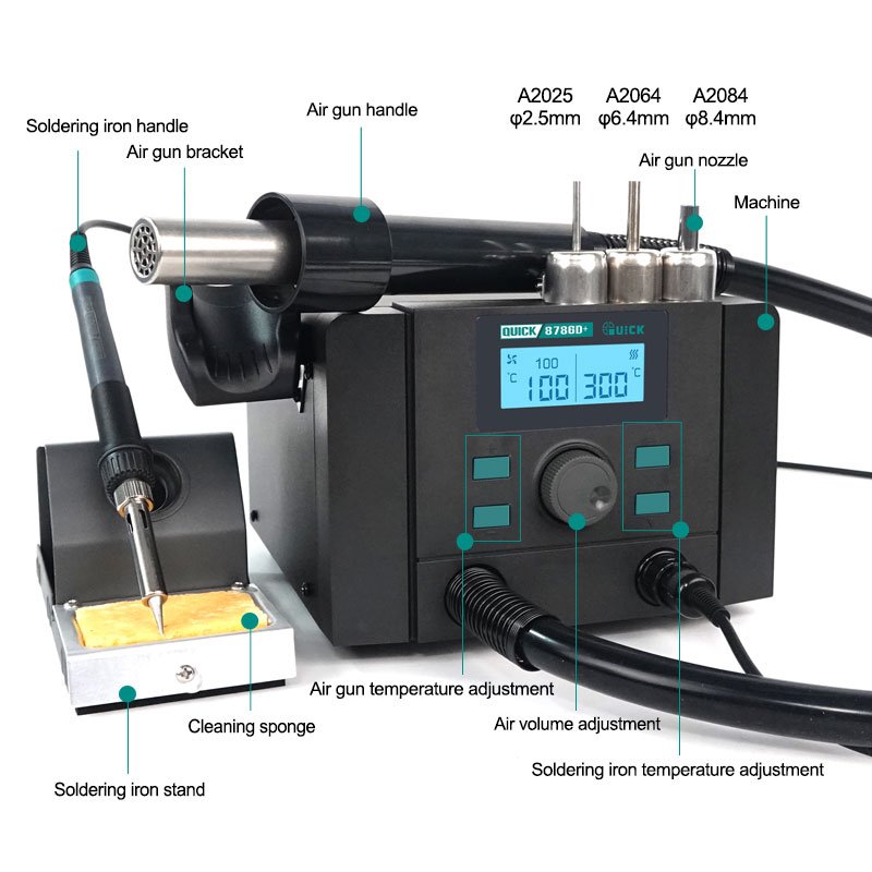 Quick 8786D+ Hot Air Desoldering Station 1000W For Mobile Phone Motherboards PCB Manufacturing Repair Twin-turbo Hot Air Station
