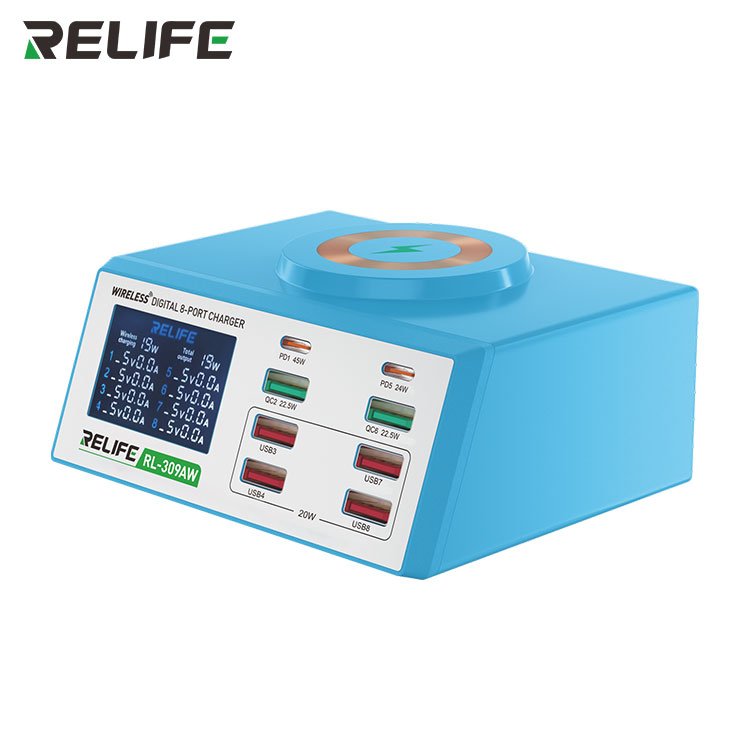 RELIFE RL-309AW Wireless digital display 8-port charger With 15W Wireless Charger