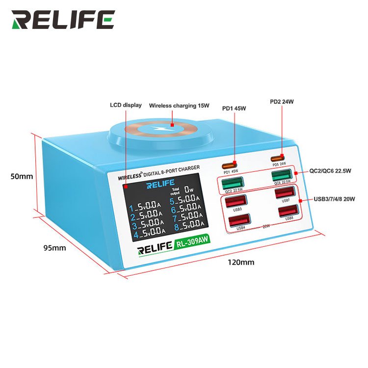 RELIFE RL-309AW Wireless digital display 8-port charger With 15W Wireless Charger