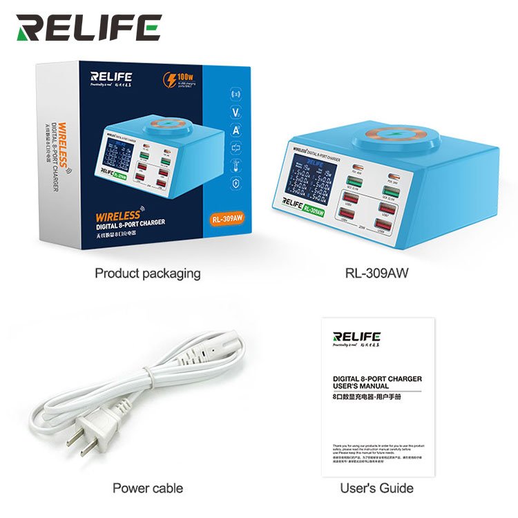 RELIFE RL-309AW Wireless digital display 8-port charger With 15W Wireless Charger