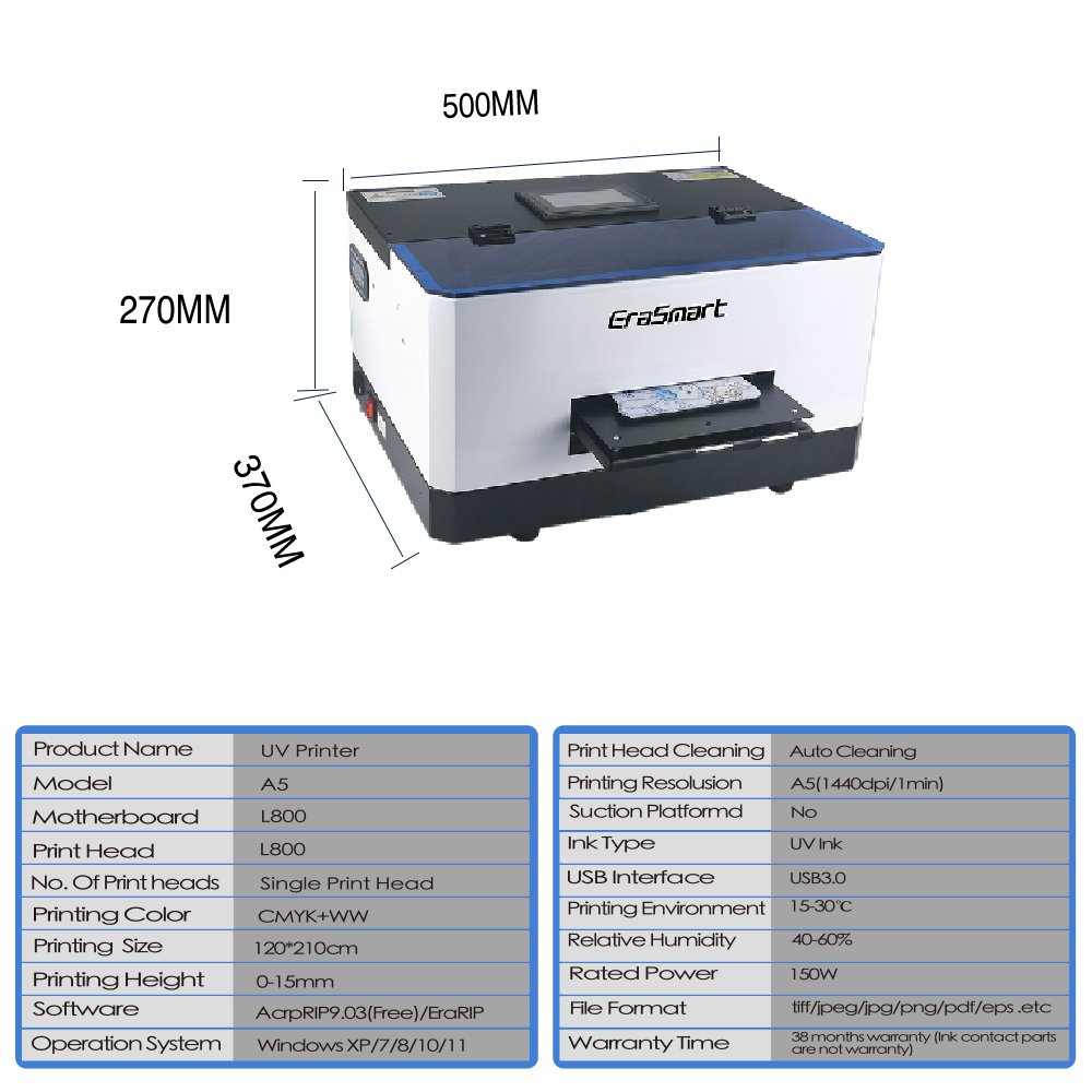 EraSmart A5 Uv Printer For PVC TPU PP Glass Mobile Cover Phone Case