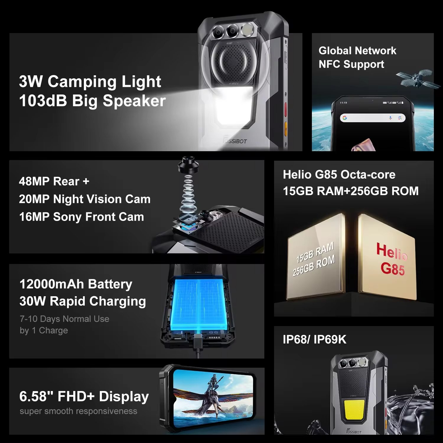 FOSSiBOT F106 PRO Mobile Phones 3g&4g smartphone 6.58" smart phone 5g smartphone 15GB+256GB 12000mAh Android 14 Rugged Phone