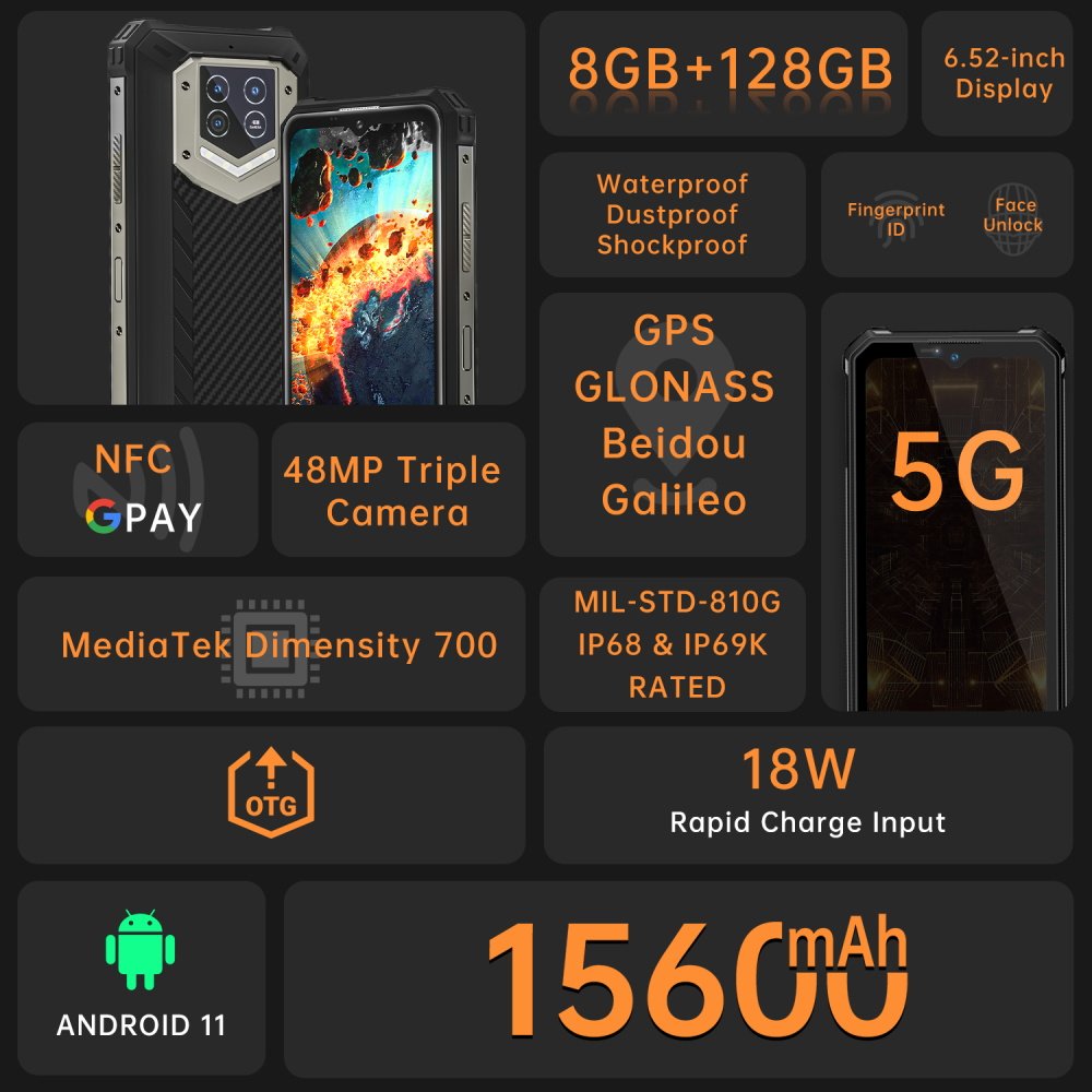 Original OUKITEL WP15S Waterproof Smartphone 15600mAh 4+64GAndroid 11 20MP Triple Camera not used Mobile Phones NFC Octa Core