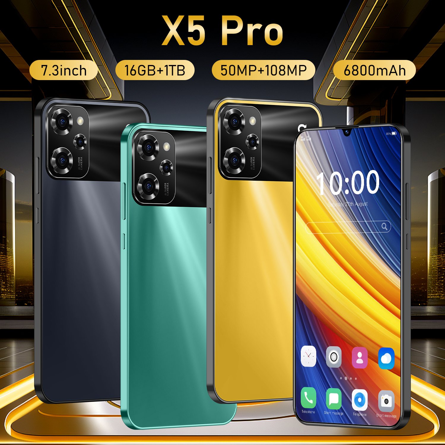 High Quality Mobile Phones X5 Pro 7.3 Inch Big Screen 5G Smart Phones 16Gb+1Tb Dual Sim Used Mobile Phones